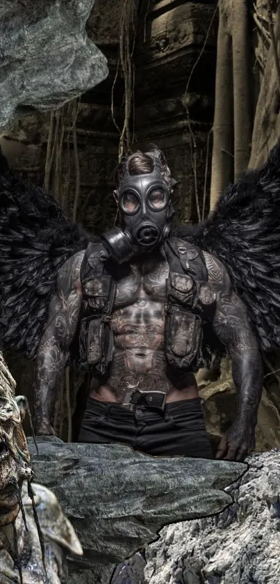 Post-apocalyptic angel with wings and a gas mask in a dark landscape.