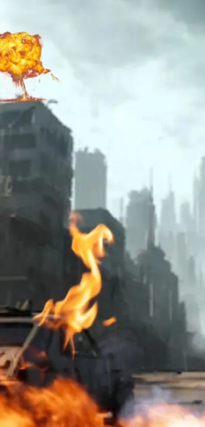 Post-apocalyptic cityscape with flames and explosions.