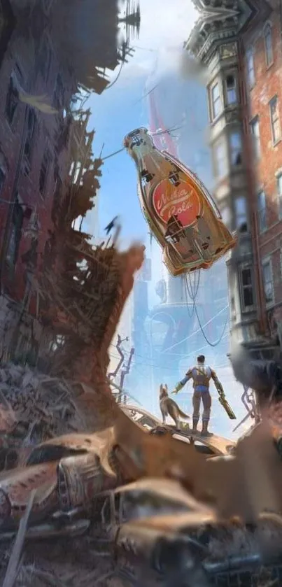 Post-apocalyptic cityscape with giant soda bottle floating amidst ruins.