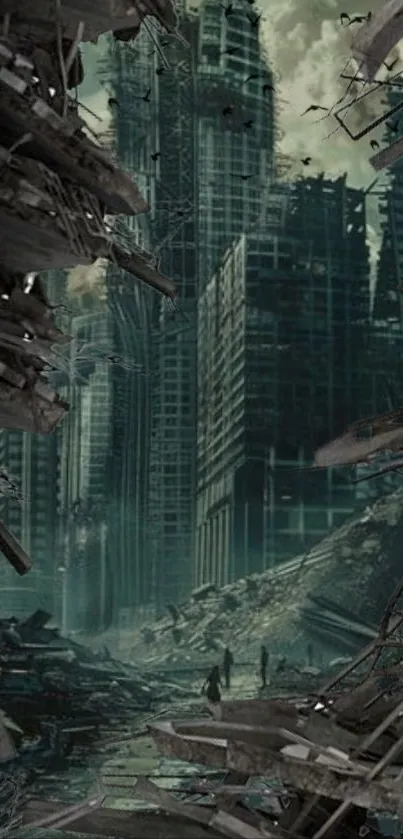 Post-apocalyptic cityscape with ruined buildings and debris.
