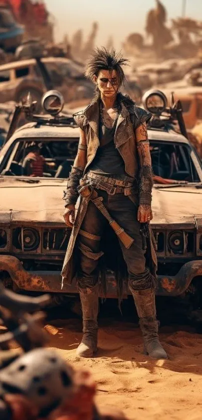 Post-apocalyptic desert warrior stands in front of a vintage car in a sandy landscape.