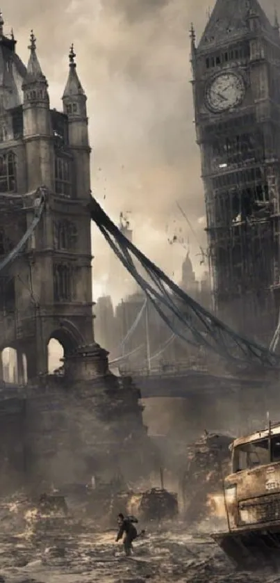 Post-apocalyptic London scene with ruins.