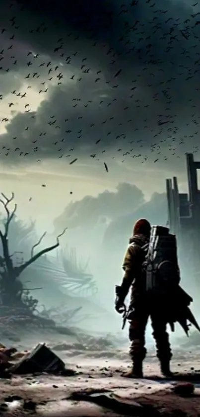 Lone wanderer in post-apocalyptic ruins with birds overhead and dark sky.