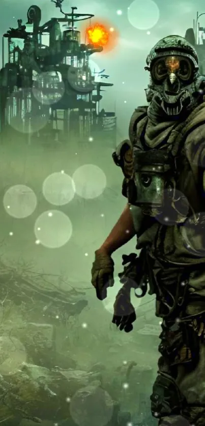 Post-apocalyptic figure in sci-fi landscape with green hues.