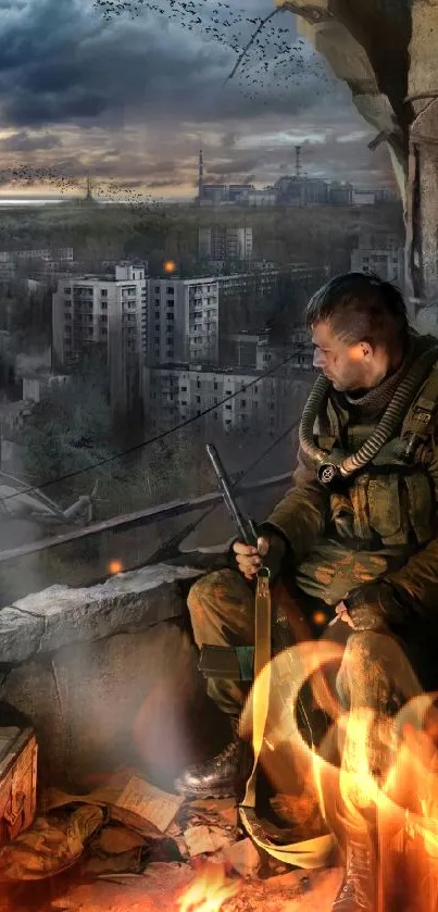 Contemplative soldier in urban ruins with firelight.