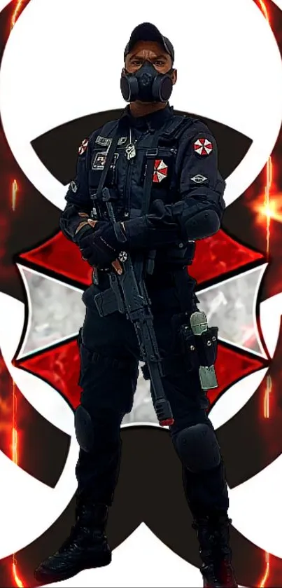 Post-apocalyptic soldier with fiery background in vivid red and black theme.