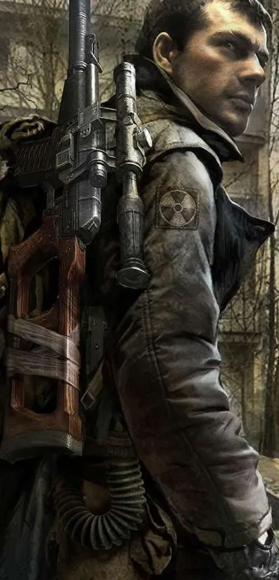 Post-apocalyptic soldier in a dystopian setting with a worn jacket.