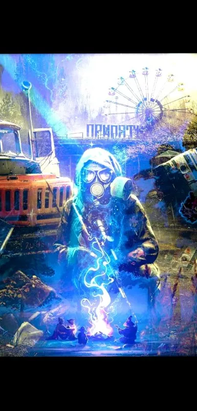 Post-apocalyptic wallpaper with gas-masked figure glowing in blue.