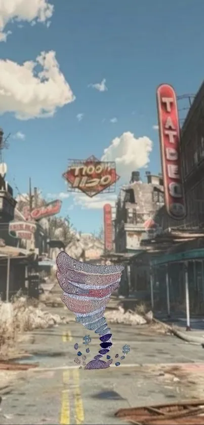 Post-apocalyptic city with tornado and cloudy sky.