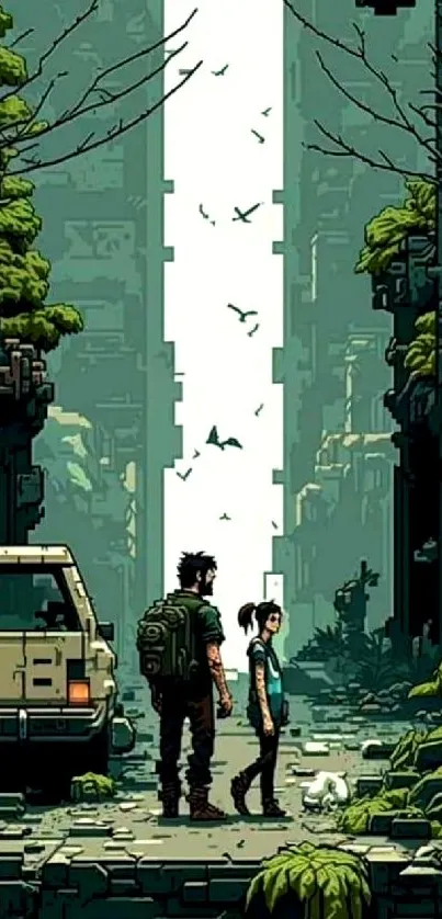 Two travelers in a green post-apocalyptic city with a dog.