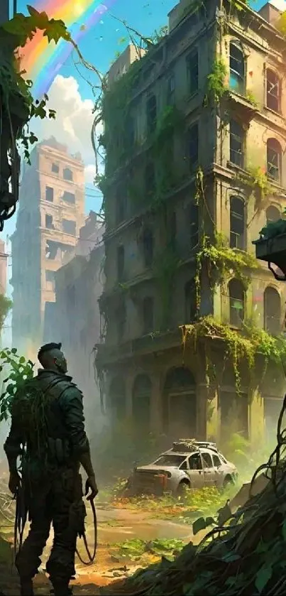 Post-apocalyptic urban scene with greenery and rainbow.