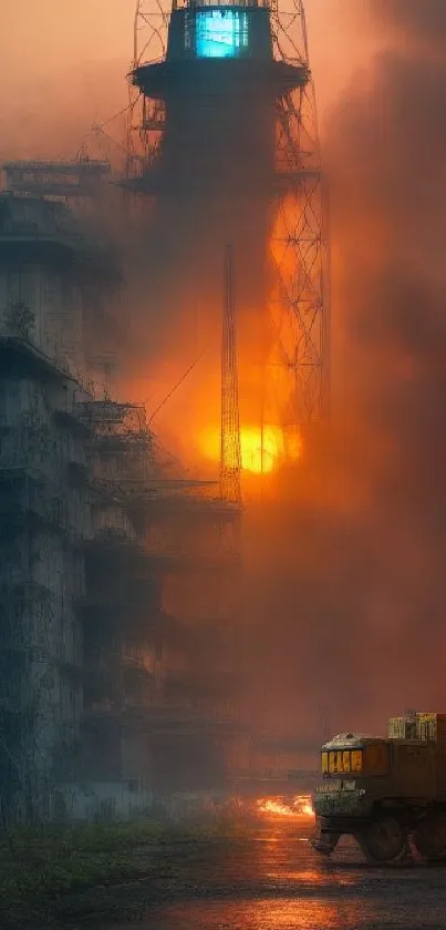 Apocalyptic cityscape with fiery tower and smoke, evoking a dramatic dystopian vibe.