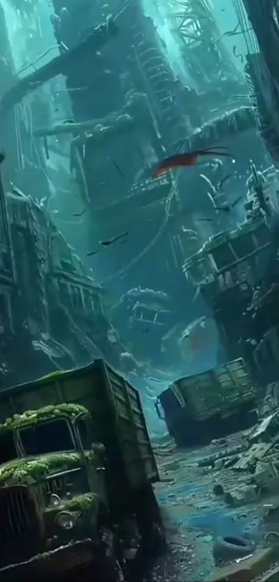 A post-apocalyptic city with submerged streets and abandoned buildings.