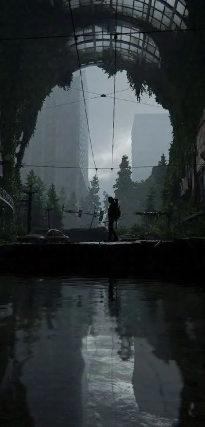 Silhouette stands in a lush, post-apocalyptic cityscape.