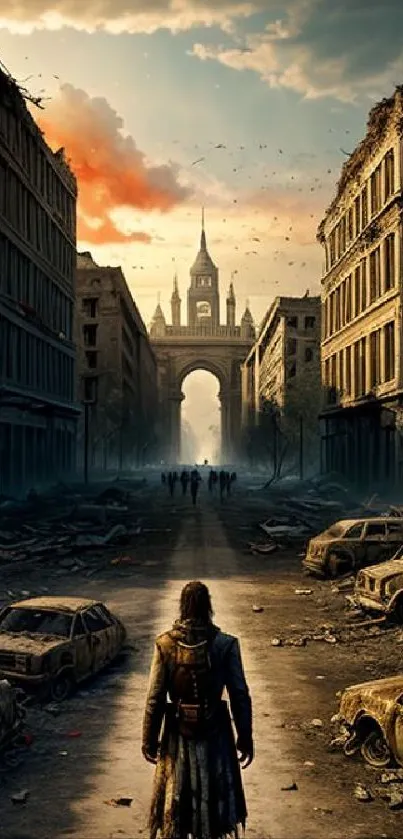 Wallpaper with a mysterious urban scene depicting a post-apocalyptic cityscape.