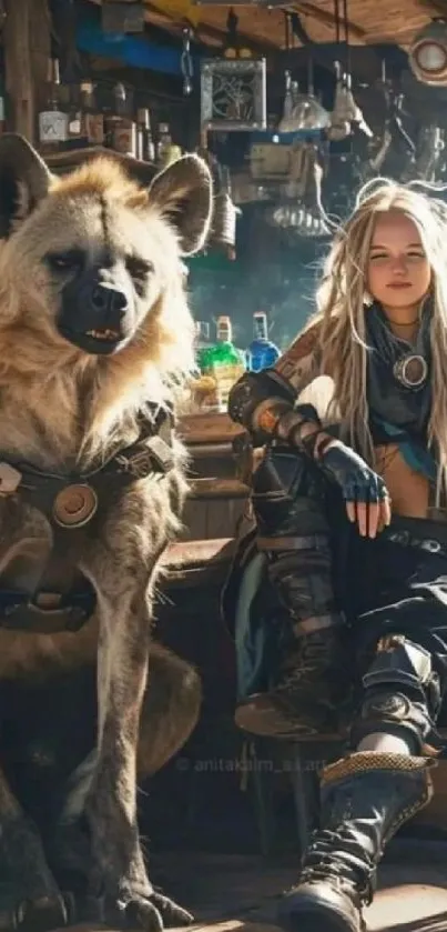 Warrior with a hyena in a post-apocalyptic bar setting.