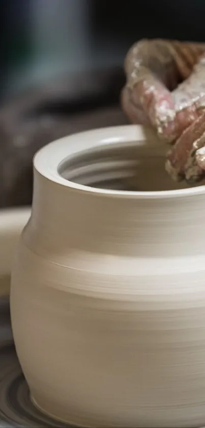 Hands shaping clay on a potter's wheel with beige tones.