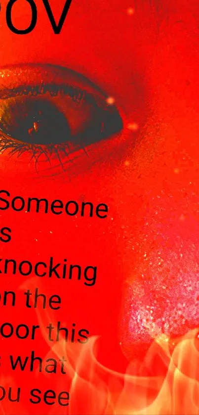 Red face with eye and text POV on phone wallpaper.