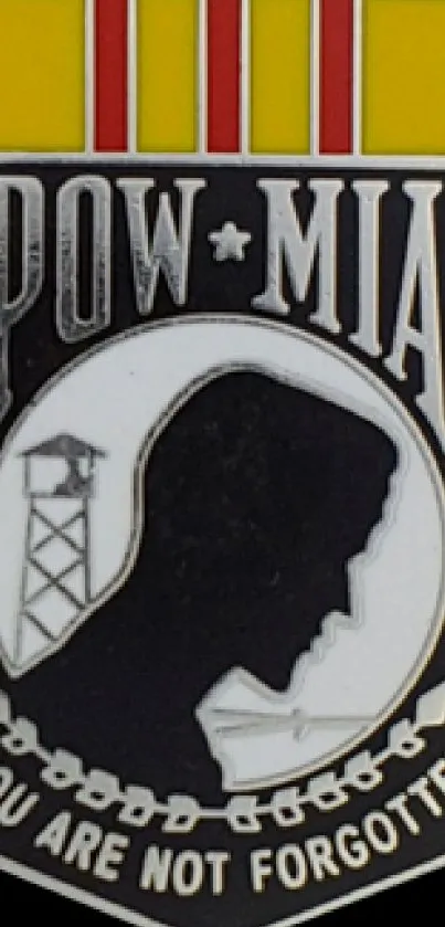 POW MIA memorial emblem on black background honoring soldiers.