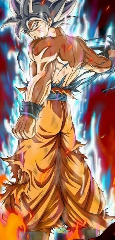 Dynamic anime character with fiery aura and orange hues.