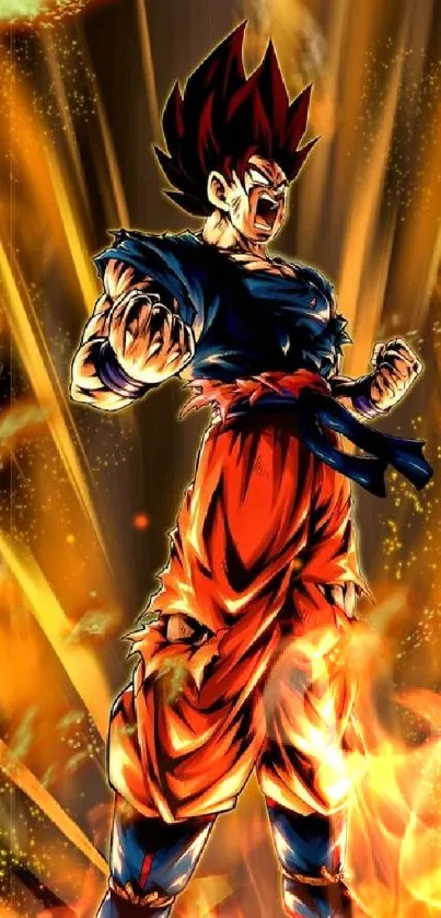 Anime character in powerful stance with electric orange aura.