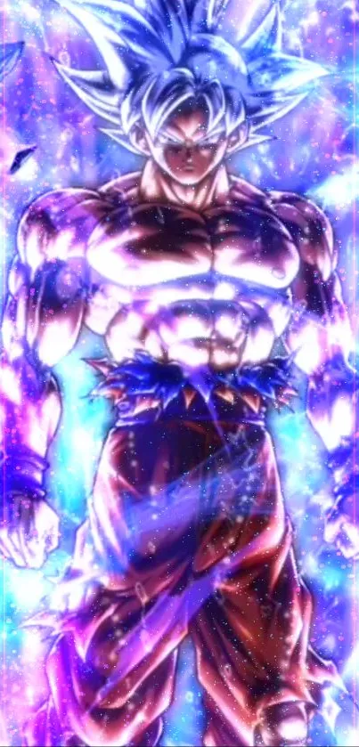 Powerful anime character with vibrant aura in blue and purple hues.