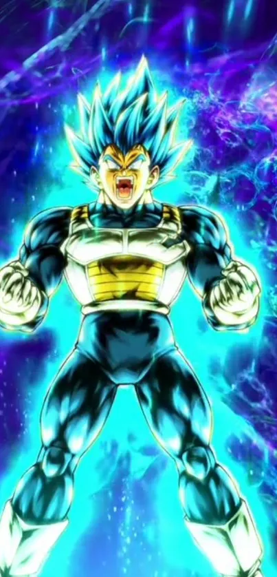 Anime character in a powerful energy pose with blue and purple background.