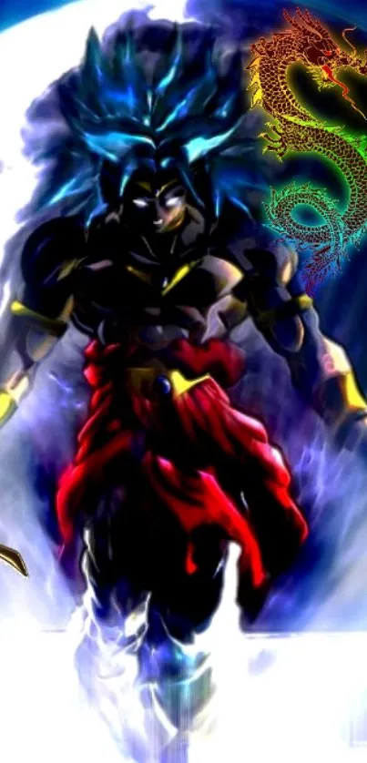 Anime character with a dragon and sword, glowing in blue and red energy.