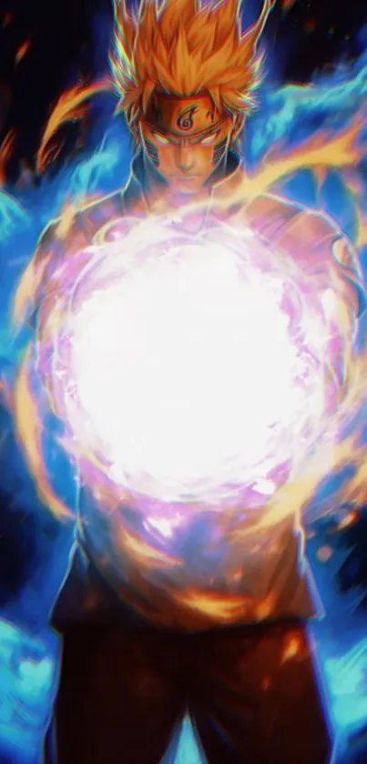 Anime character with fiery blue energy burst.