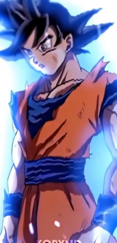 Anime character with blue aura and orange outfit, exuding powerful energy.