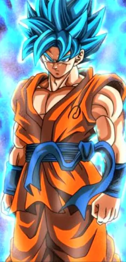 Anime character with blue aura and orange outfit.