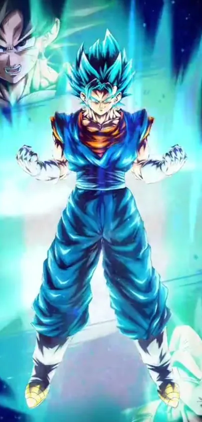 Dynamic Super Saiyan anime character with cyan energy aura.