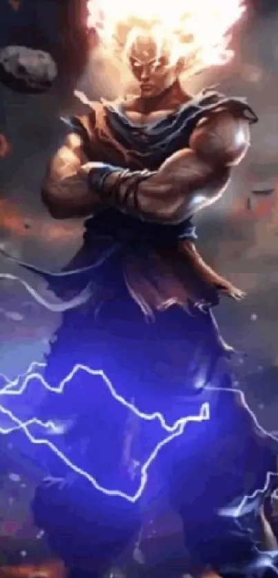 Anime warrior surrounded by lightning in cosmic scene.