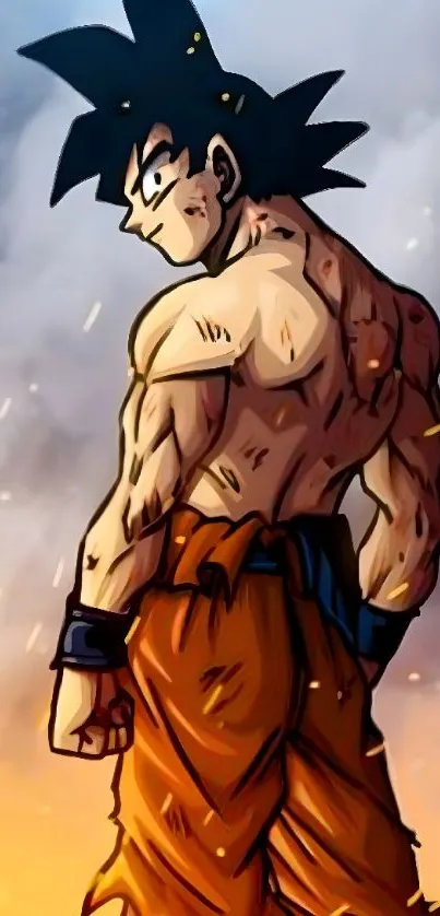 Anime warrior standing with fiery orange backdrop.