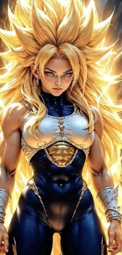 Energetic anime warrior with golden hair and vibrant design.