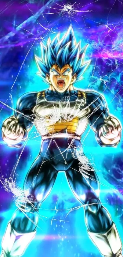 Dynamic anime warrior with electric blue energy and shattered effects.