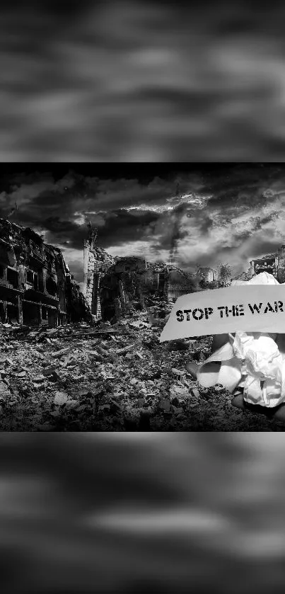 Black and white scene with a 'Stop the War!' message amid destruction.