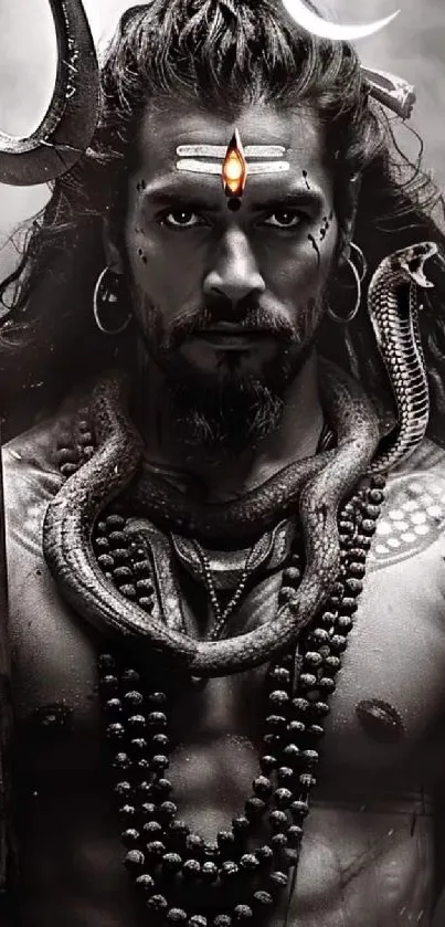 Monochrome image of a powerful ascetic warrior with intricate symbolism.