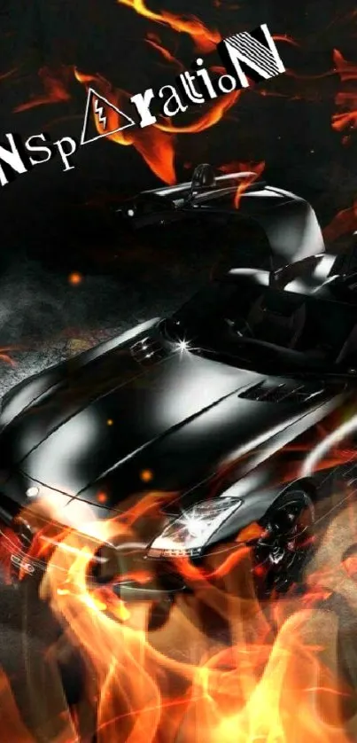 Black sports car with flames mobile wallpaper.