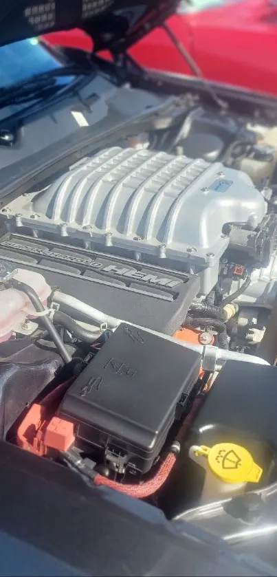 Closeup of a powerful car engine under the hood.