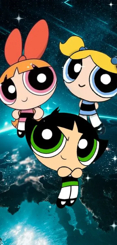 Powerpuff Girls flying in cosmic space scene.