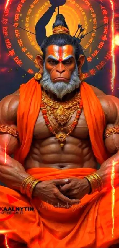 Artwork of deity with fiery aura, muscular build and orange attire.