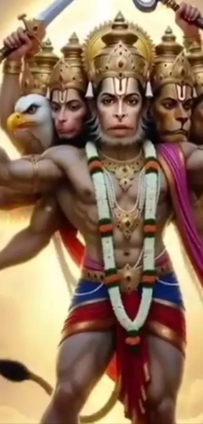 A multi-faced deity illustration with vibrant colors, symbolizing divine power.