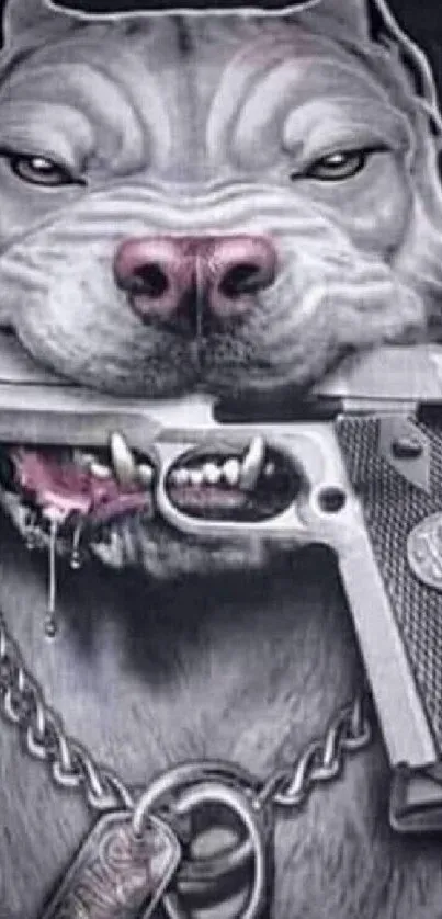 Fierce dog holding gun artwork wallpaper with gray tones.