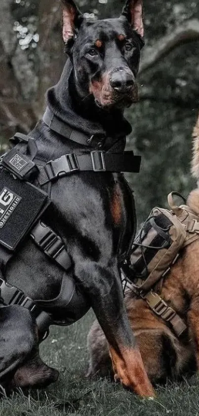 Doberman and German Shepherd in tactical gear in a forest setting.