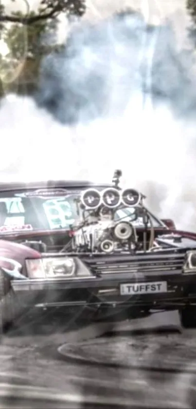 Powerful drag racing car surrounded by smoke.