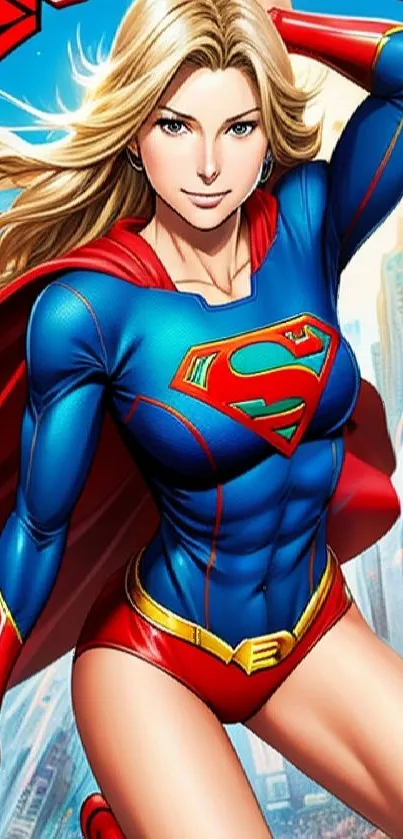 Illustration of a powerful female superhero with a red cape in vibrant urban setting.