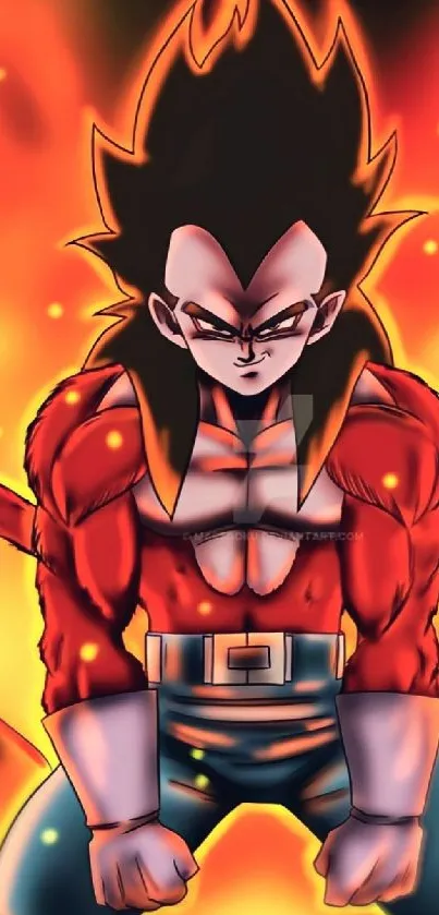 Fiery anime warrior in a dynamic pose with a blazing background.