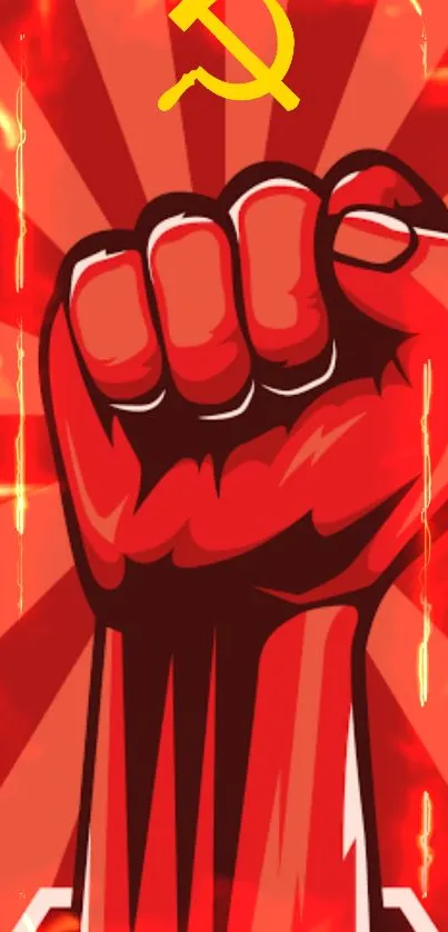 Red fist illustration with a striking backdrop, symbolizing power and revolution.