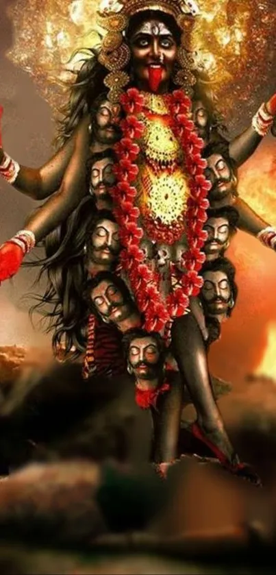 Artwork of Goddess Kali with fiery background.